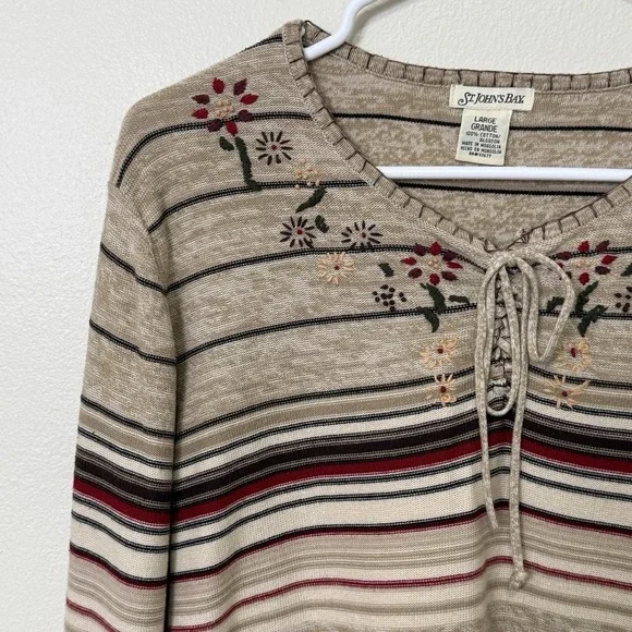 St Johns Bay Floral Embroidered Stripe Top Womens Large Boho Lace Up Cotton - Picture 4 of 11